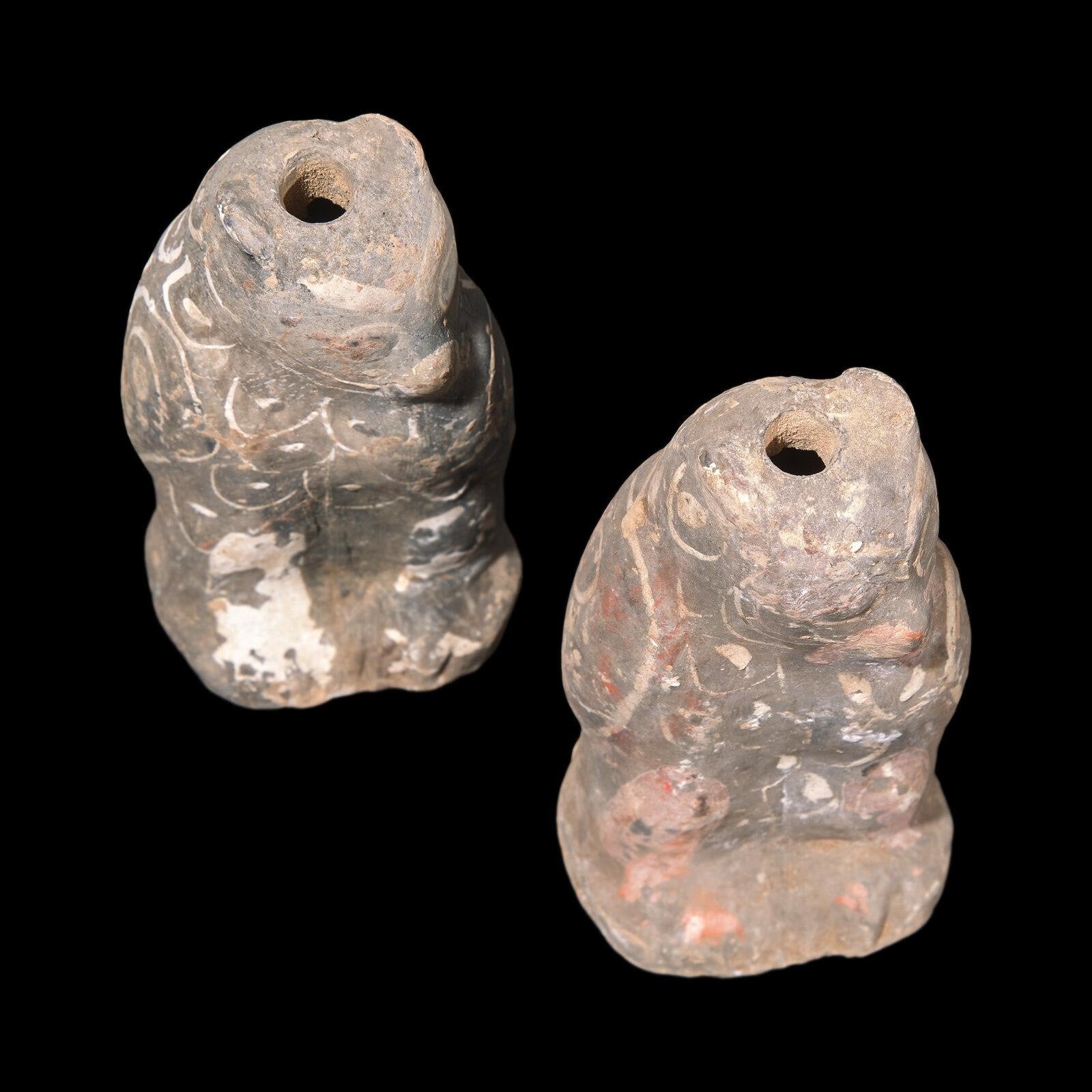A Pair of Western Han Dynasty Painted Grey Pottery Owl-Form Vessels – China, 206 BCE – 9 CE