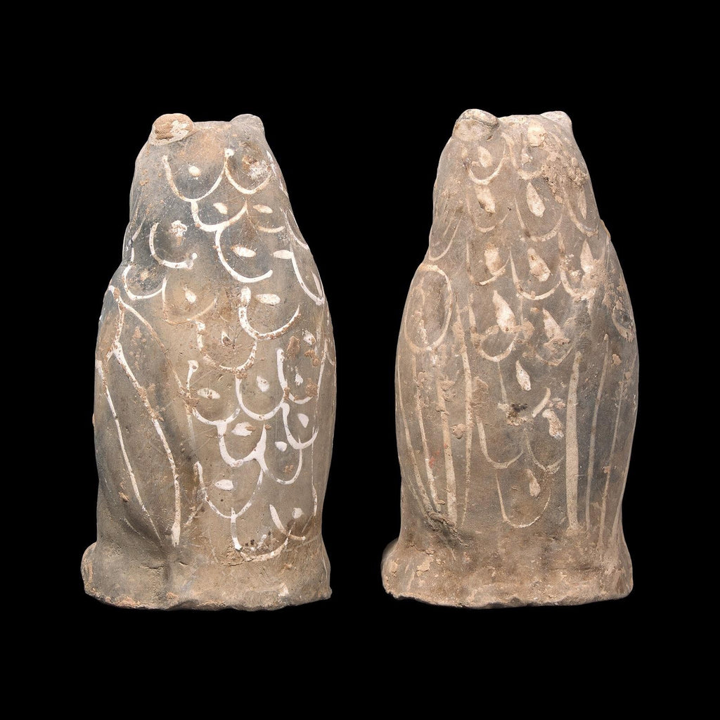 A Pair of Western Han Dynasty Painted Grey Pottery Owl-Form Vessels – China, 206 BCE – 9 CE