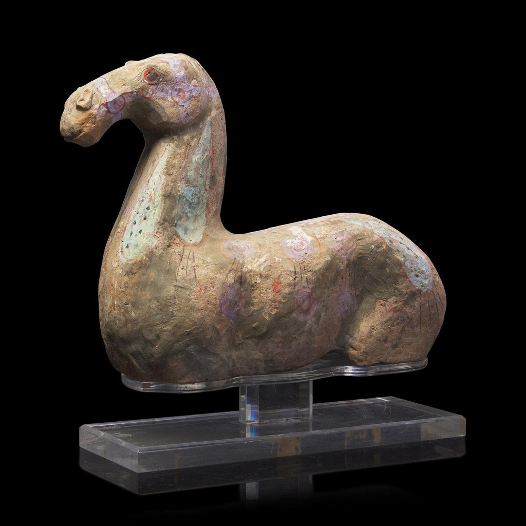 Ancient Han Dynasty Painted Grey Pottery Recumbent Horse – China, 206 BCE – 220 CE