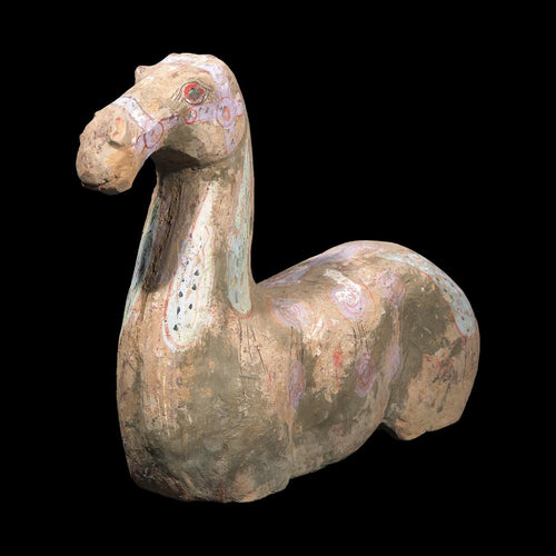 Ancient Han Dynasty Painted Grey Pottery Recumbent Horse – China, 206 BCE – 220 CE