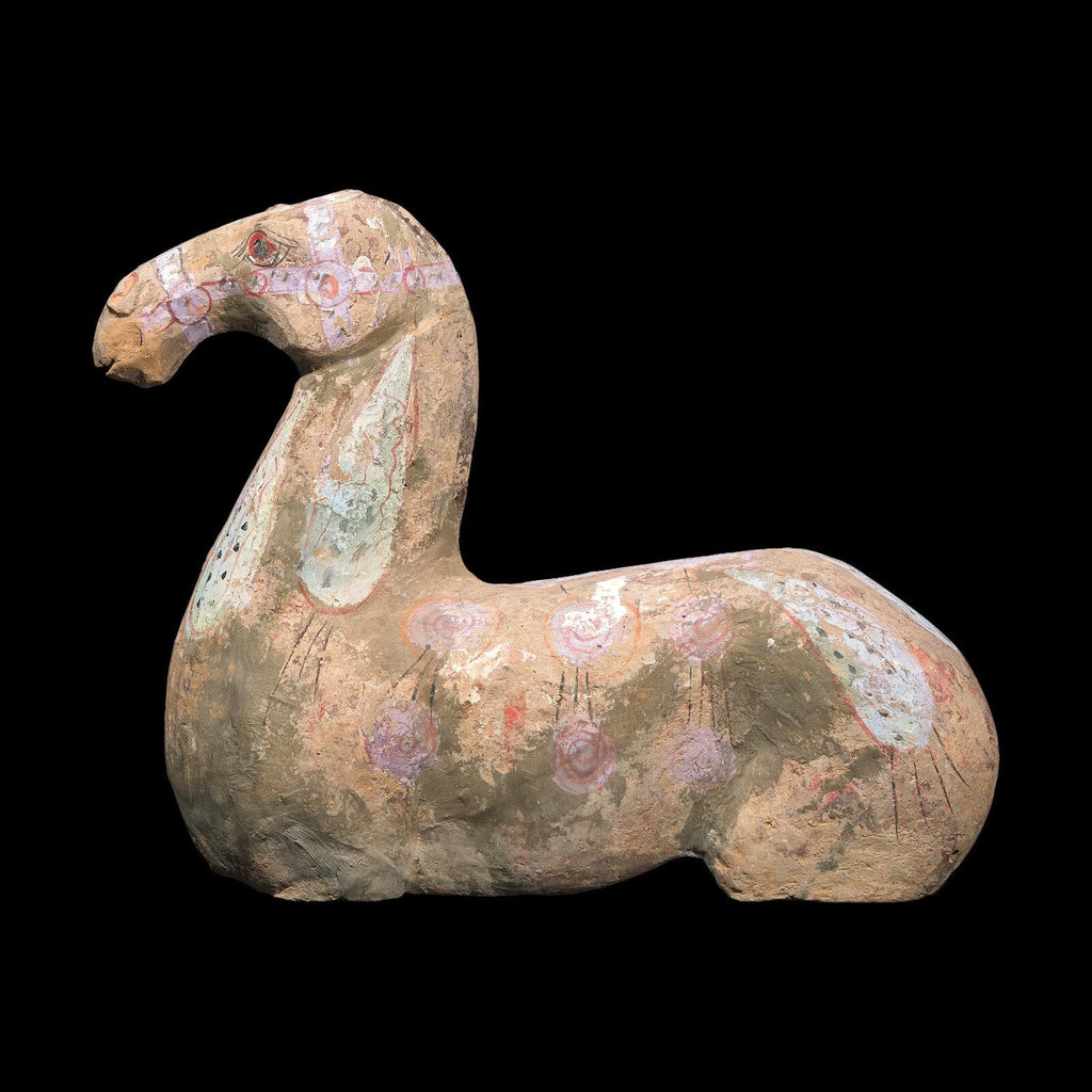 Ancient Han Dynasty Painted Grey Pottery Recumbent Horse – China, 206 BCE – 220 CE