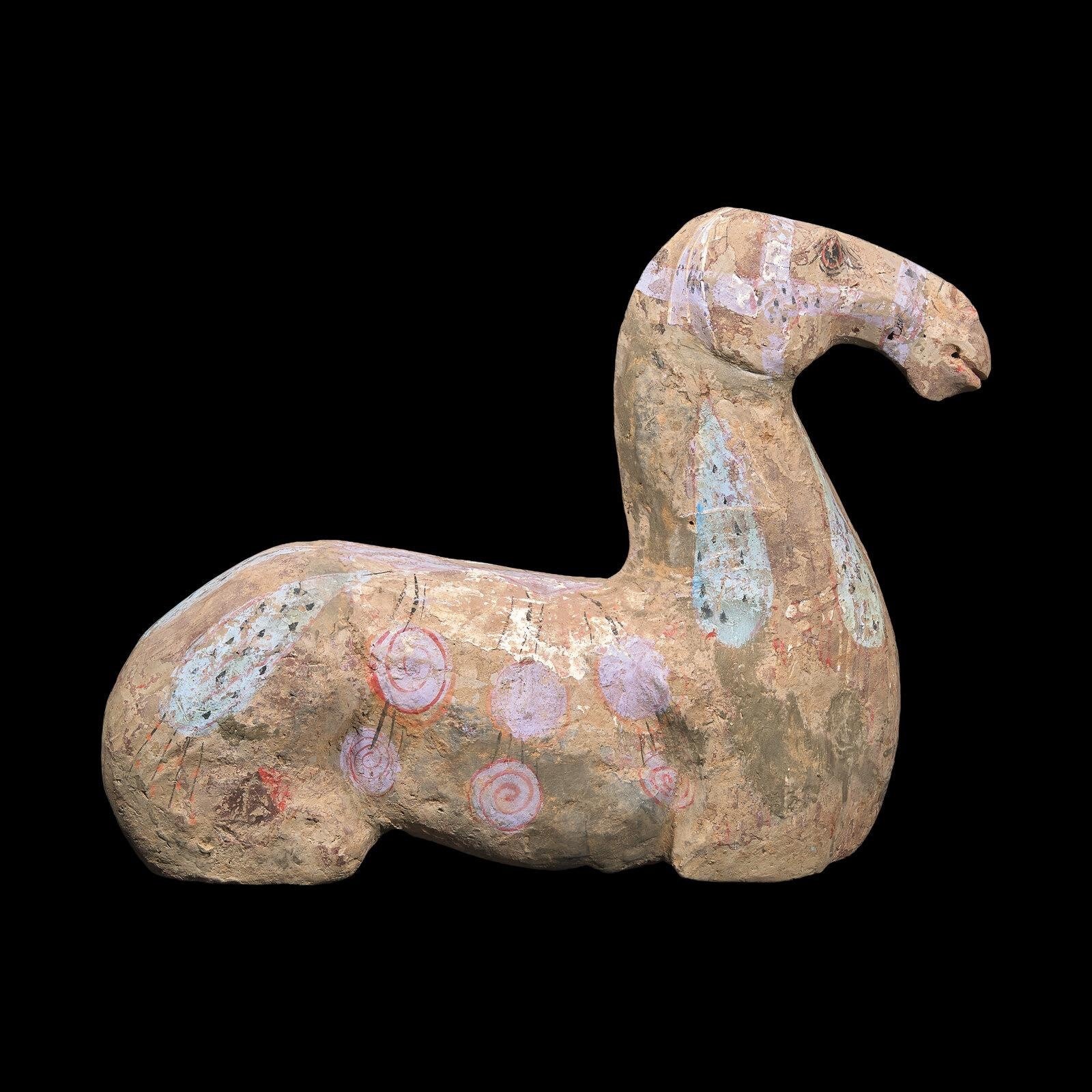 Ancient Han Dynasty Painted Grey Pottery Recumbent Horse – China, 206 BCE – 220 CE