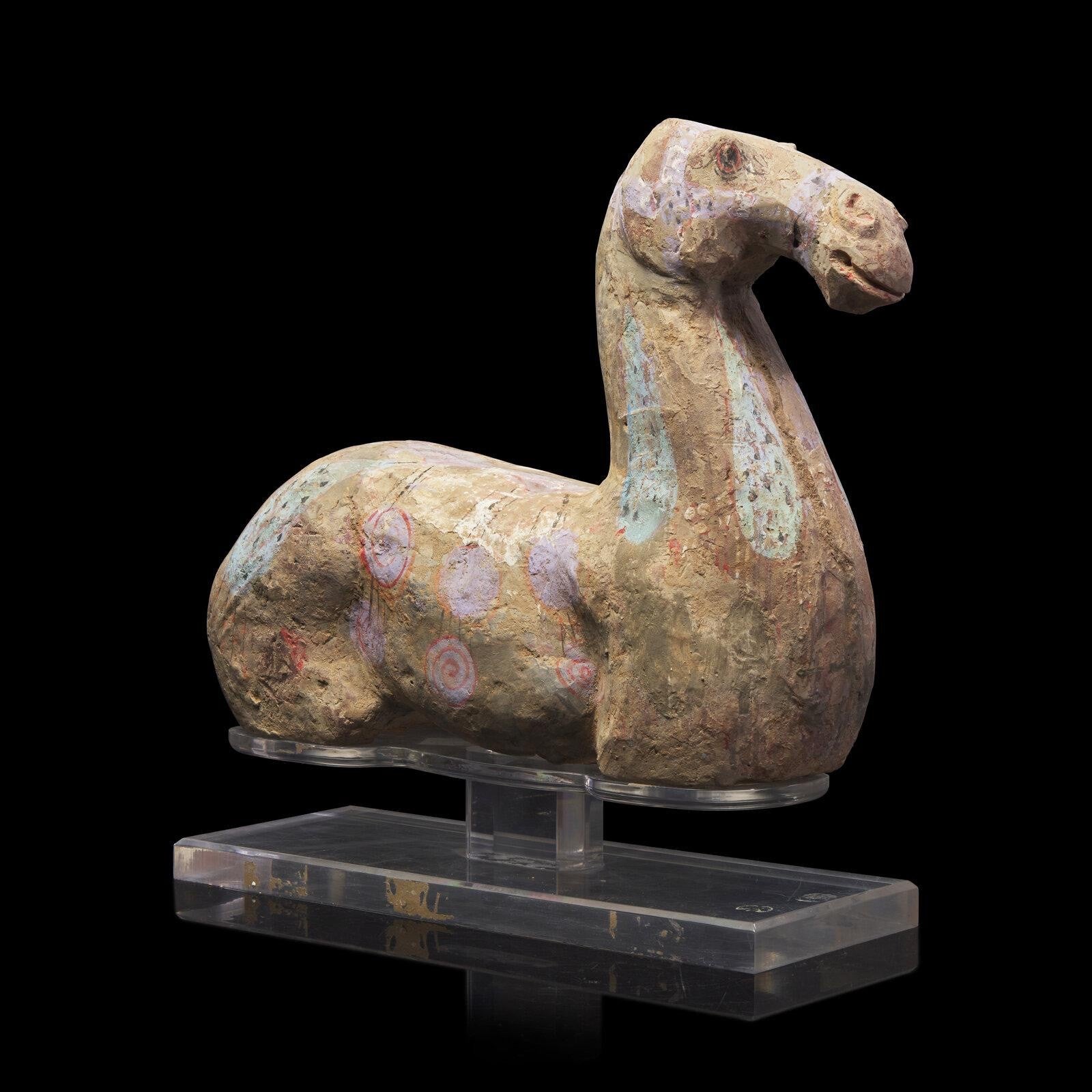 Ancient Han Dynasty Painted Grey Pottery Recumbent Horse – China, 206 BCE – 220 CE