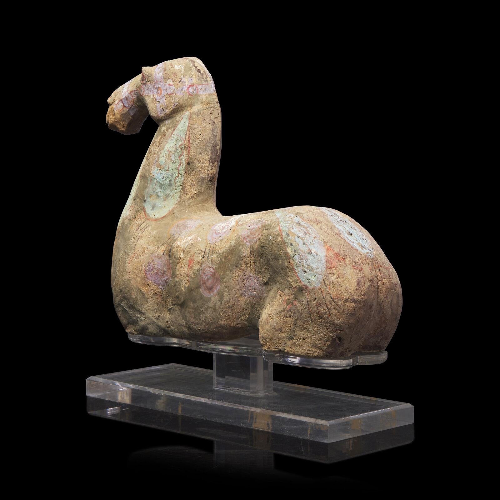 Ancient Han Dynasty Painted Grey Pottery Recumbent Horse – China, 206 BCE – 220 CE