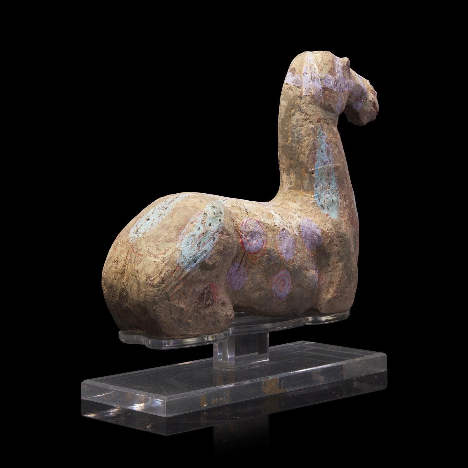 Ancient Han Dynasty Painted Grey Pottery Recumbent Horse – China, 206 BCE – 220 CE