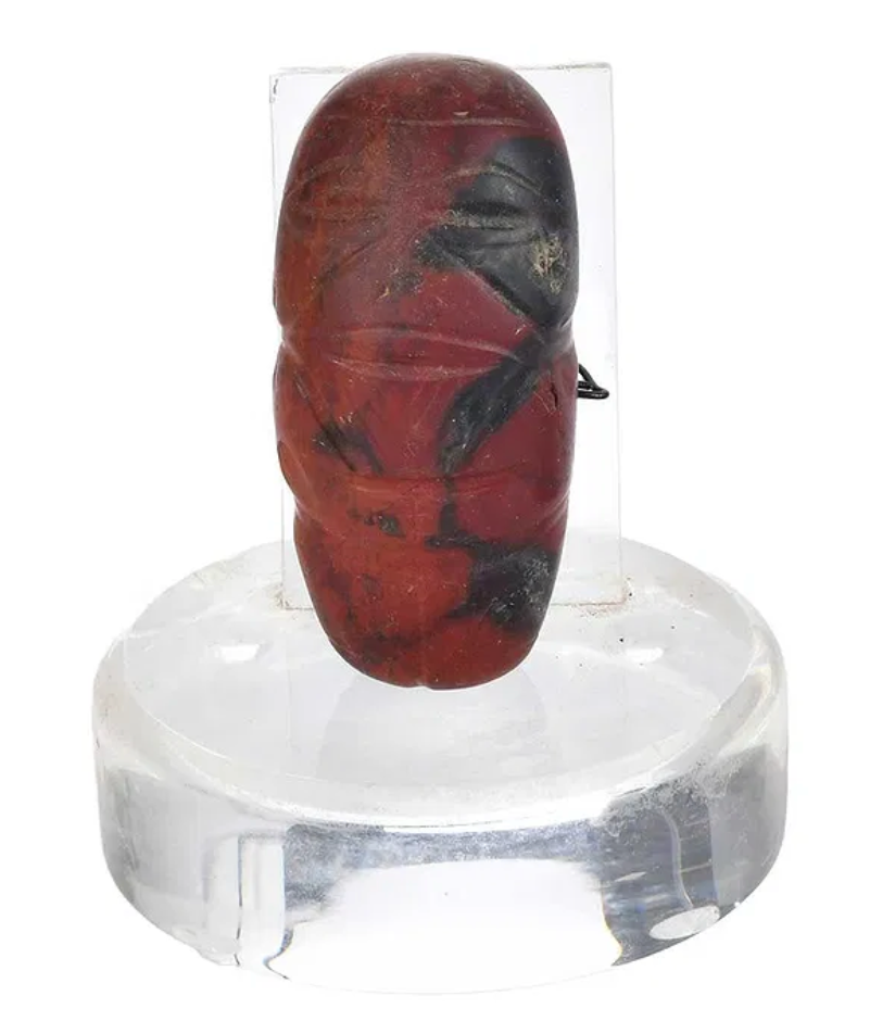Mezcala Bearded Figural Bead – Red & Black Stone, Pre-Columbian Mesoamerica, Circa 700–200 BCE