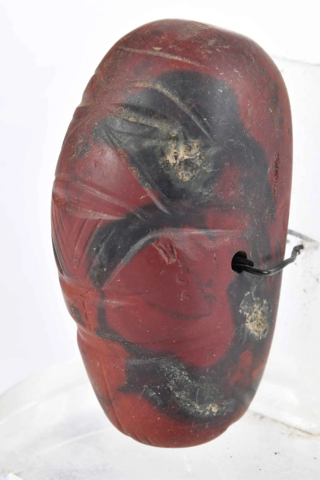 Mezcala Bearded Figural Bead – Red & Black Stone, Pre-Columbian Mesoamerica, Circa 700–200 BCE