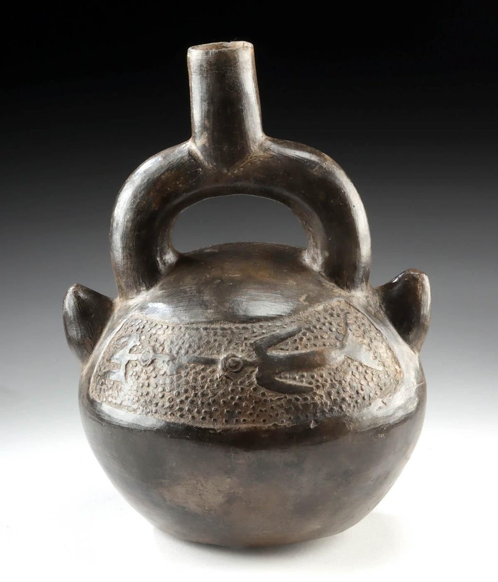 Pre-Columbian Chimú Blackware Stirrup Vessel with Birds – North Coast Peru, Circa 1100–1470 CE
