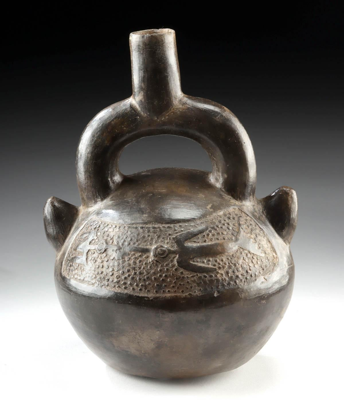 Pre-Columbian Chimú Blackware Stirrup Vessel with Birds – North Coast Peru, Circa 1100–1470 CE