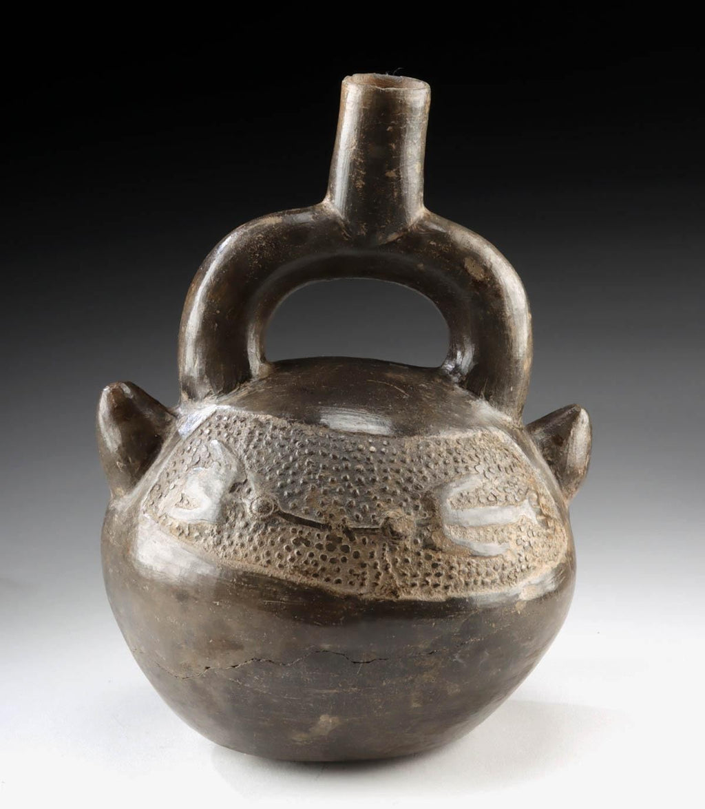 Pre-Columbian Chimú Blackware Stirrup Vessel with Birds – North Coast Peru, Circa 1100–1470 CE