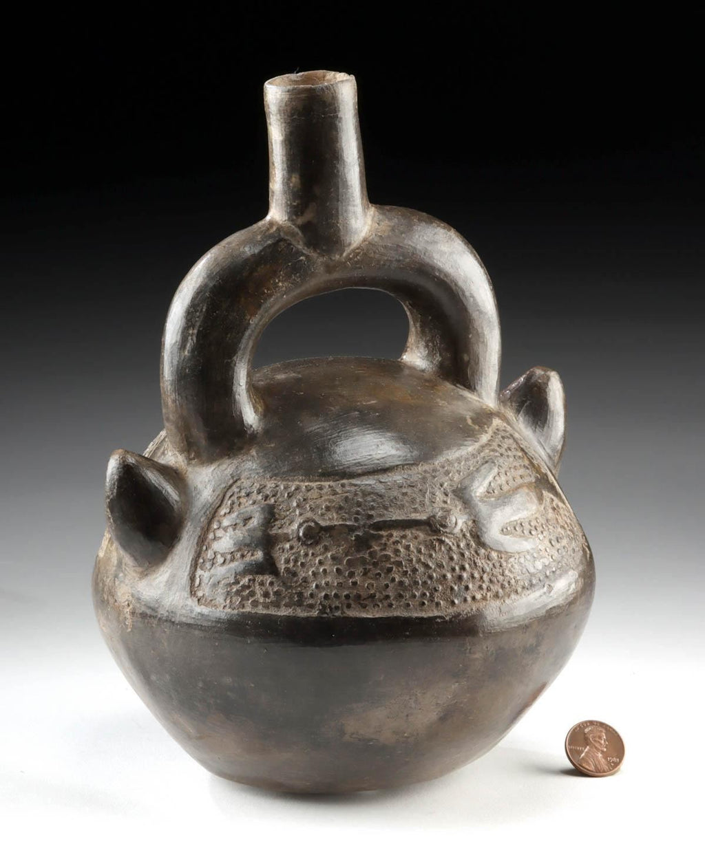 Pre-Columbian Chimú Blackware Stirrup Vessel with Birds – North Coast Peru, Circa 1100–1470 CE
