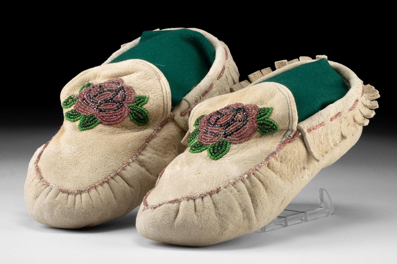 Anishinaabe Beaded Moccasins – Great Lakes, Early 20th Century – Floral Beadwork on Brain-Tanned Leather